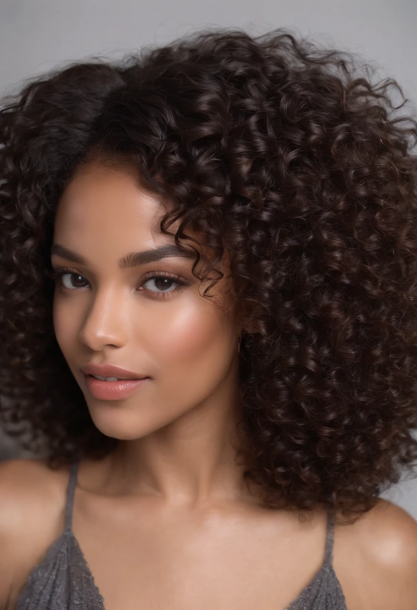 "Ultra-realistic image of a gorgeous 27-year-old African-American girl, ,Caramel peel, corps parfait, professionnel, 4K, sourire, filmed on Canon, 85 mm,, maigre, Taille ultra-fine, cheveux noirs, African short curly hair , Piercing gray eyes.hyper-realistic，anatomie correcte，Facial features are carefully represented，Boucles gratuites, black curly hair, (Short, curly black hair), Long curly long wild black hair, cheveux multiversaux, Short, curly black hair, black curly hair, Boucles, wavy hair spread out, Boucles baroques, boucles, Curly,Texture des cheveux, Curly bang