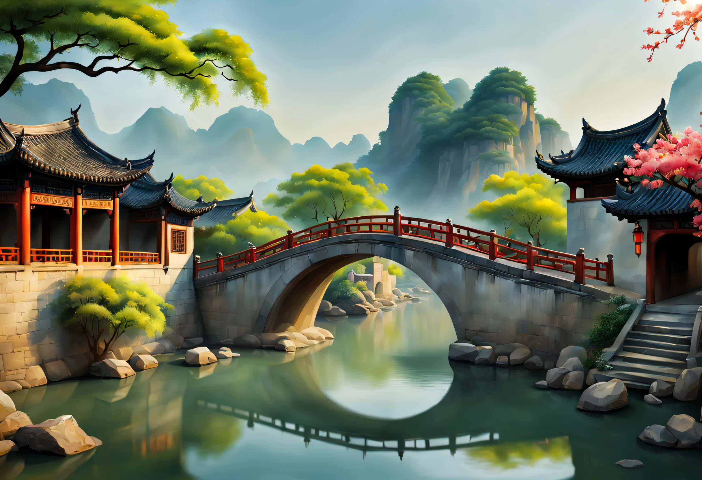 （vibrante con colores）, （semi-realista）, Vibrante paisaje ribereño en la antigua China, (Tranquil river water)Mostrar en el(Puente de arco elegante)Olvido, (aldeanos locales)&#39;s(Residencia pintoresca), （Representaciones de la dinastía Ming：1.1）, Ciudad antigua de Jiangnan, Pequeños puentes y agua corriente., Tierras de cultivo tranquilas a las afueras de la bulliciosa ciudad, （mañana soleada:1.2）, （pincelada fina：1.1）, Representación dinámica, Panorama of the water&#39;s edge, Ambiente auténtico, Autenticidad viva, encanto fascinante, fotos ricas, resolución 8K, 1.4x realism, arte deco, recuadro proyectado, sony fe gm, Gran angular, Súper detalle, mejor calidad, Una alta resolución