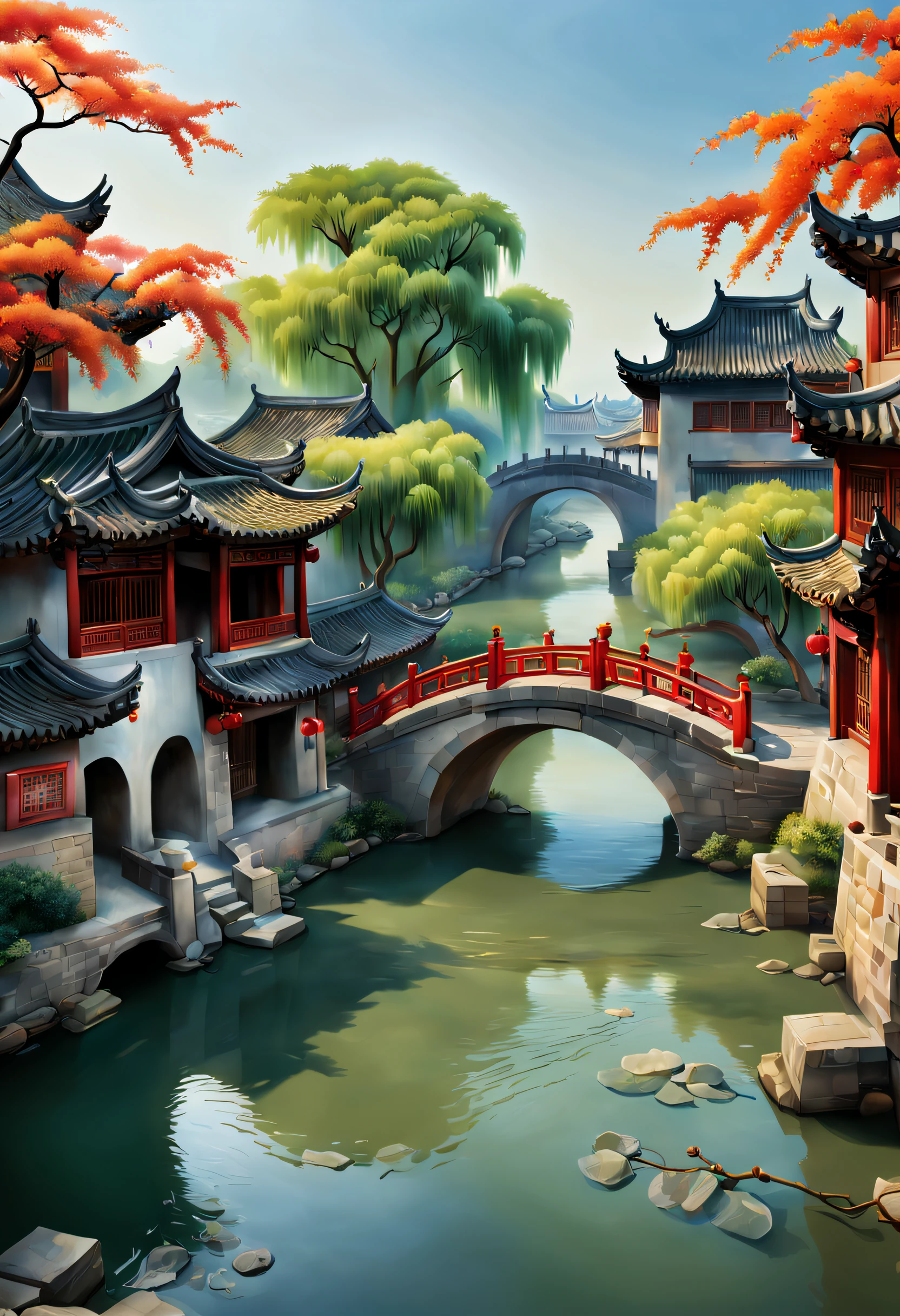 （vibrante com cores）, （semi-realista）, Cenário ribeirinho vibrante na China antiga, (Água tranquila do rio)Mostrar no(Elegante ponte em arco)esquecimento, (Moradores locais)'s(Residência pitoresca), （Representações da dinastia Ming：1.1）, Cidade Antiga de Jiangnan, Pequenas pontes e água corrente, Terras agrícolas tranquilas fora da cidade movimentada, （manhã de sol:1.2）, （pincelada fina：1.1）, Representação dinâmica, Panorama da orla da água, Atmosfera autêntica, Autenticidade vívida, encanto hipnotizante, fotos ricas, Resolução 8K, 1.Realismo 4x, art-deco, inserção projetada, sony fe gm, ângulo amplo, Super Detalhe, melhor qualidade, Uma alta resolução