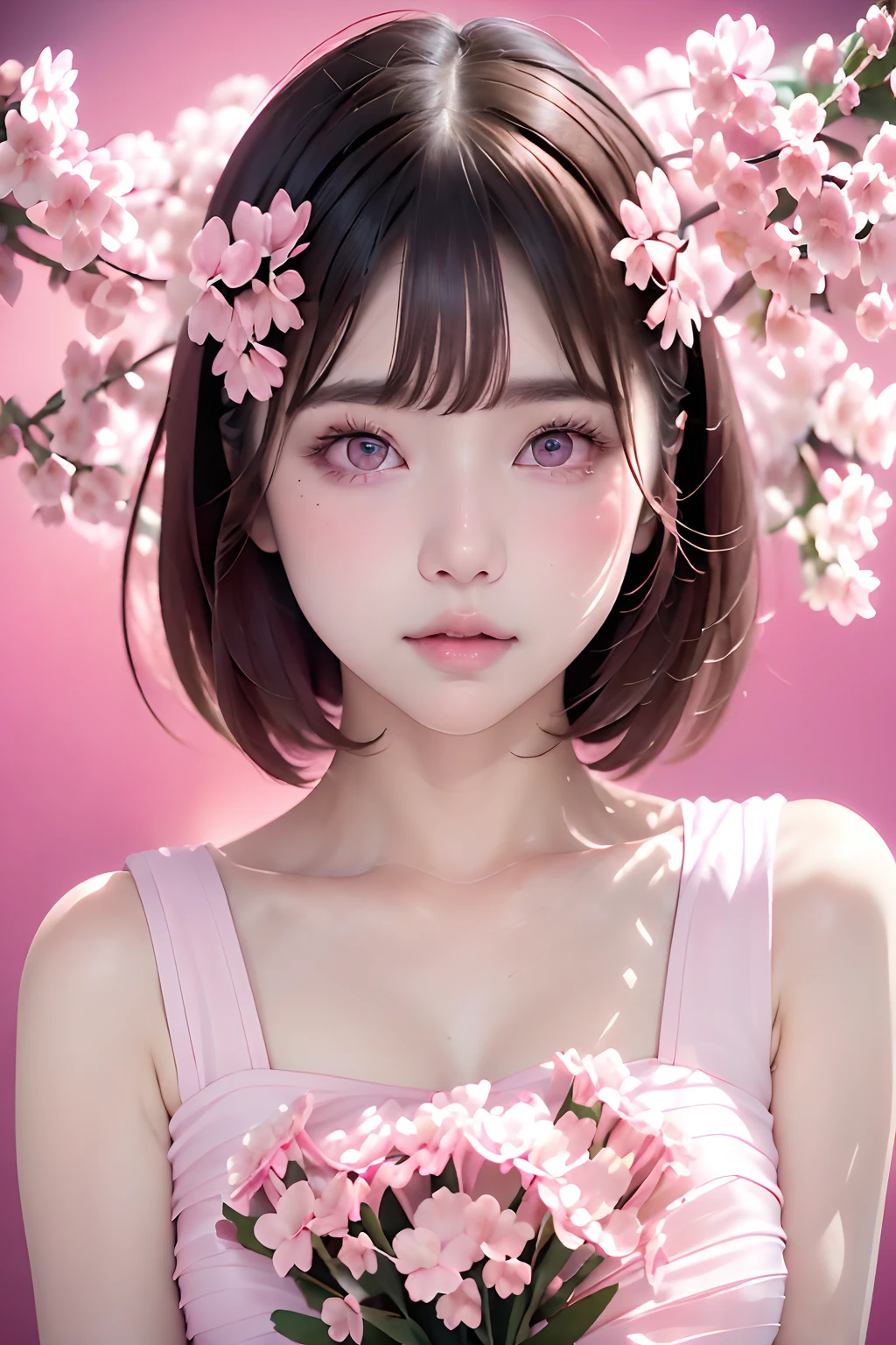 (((Pink background:1.3)))、((Bouquet of pink flowers、Large bouquet of pink flowers、Have a large bouquet of pink flowers:1.5))、Best Quality, masutepiece, High resolution, (((1girl in))), sixteen years old,(((Pink eyes:1.3)))、pink  dress、((PINK SHIRT:1.3、Pink Block Dress)), Tindall Effect, Realistic, Shadow Studio,Ultramarine Lighting, dual-tone lighting, (High Detail Skins: 1.2)、Pale colored lighting、Dark lighting、 Digital SLR, Photo, High resolution, 4K, 8K, Background blur,Fade out beautifully、Pink World