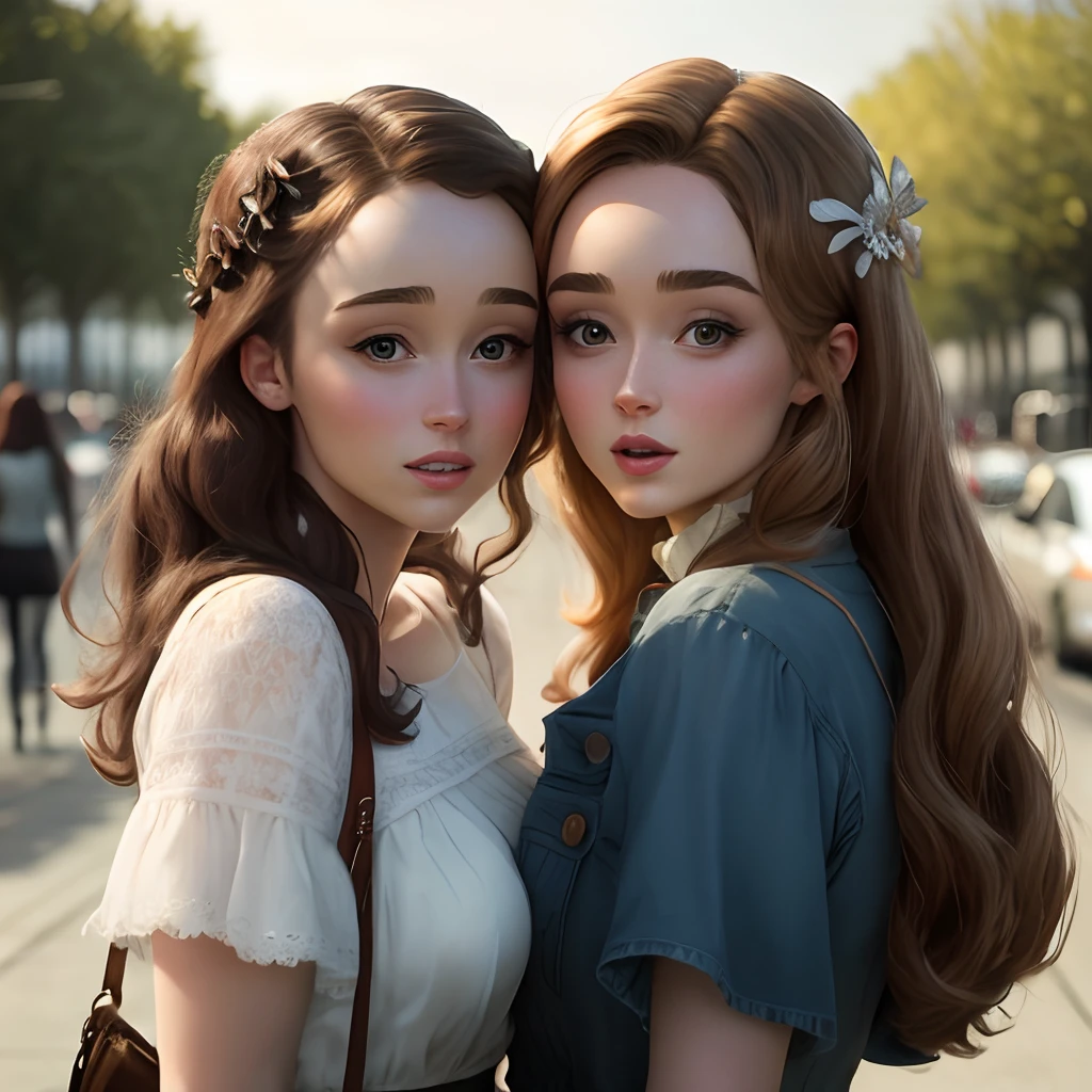 Two women with long hair standing next to each other on a street - SeaArt AI