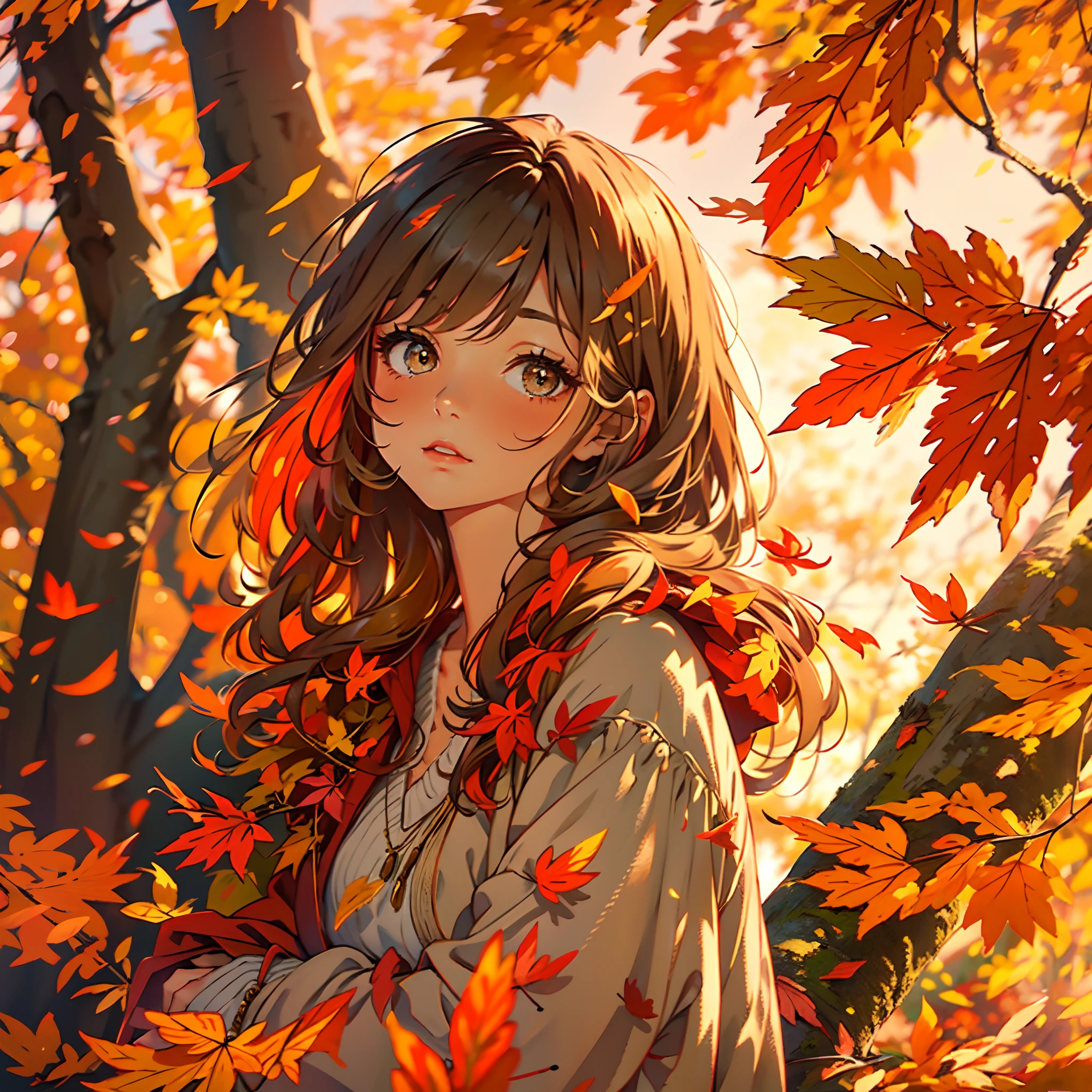 鮮豔的色彩, 落叶, 金色的陽光, 舒适的氛围, 充满活力的红色和橙色, 柔和溫暖的色調, 寧靜的環境, 微風, 懷舊的心情, 秋天的樹葉, 平靜的表情, 纖細睫毛, 迷人的目光