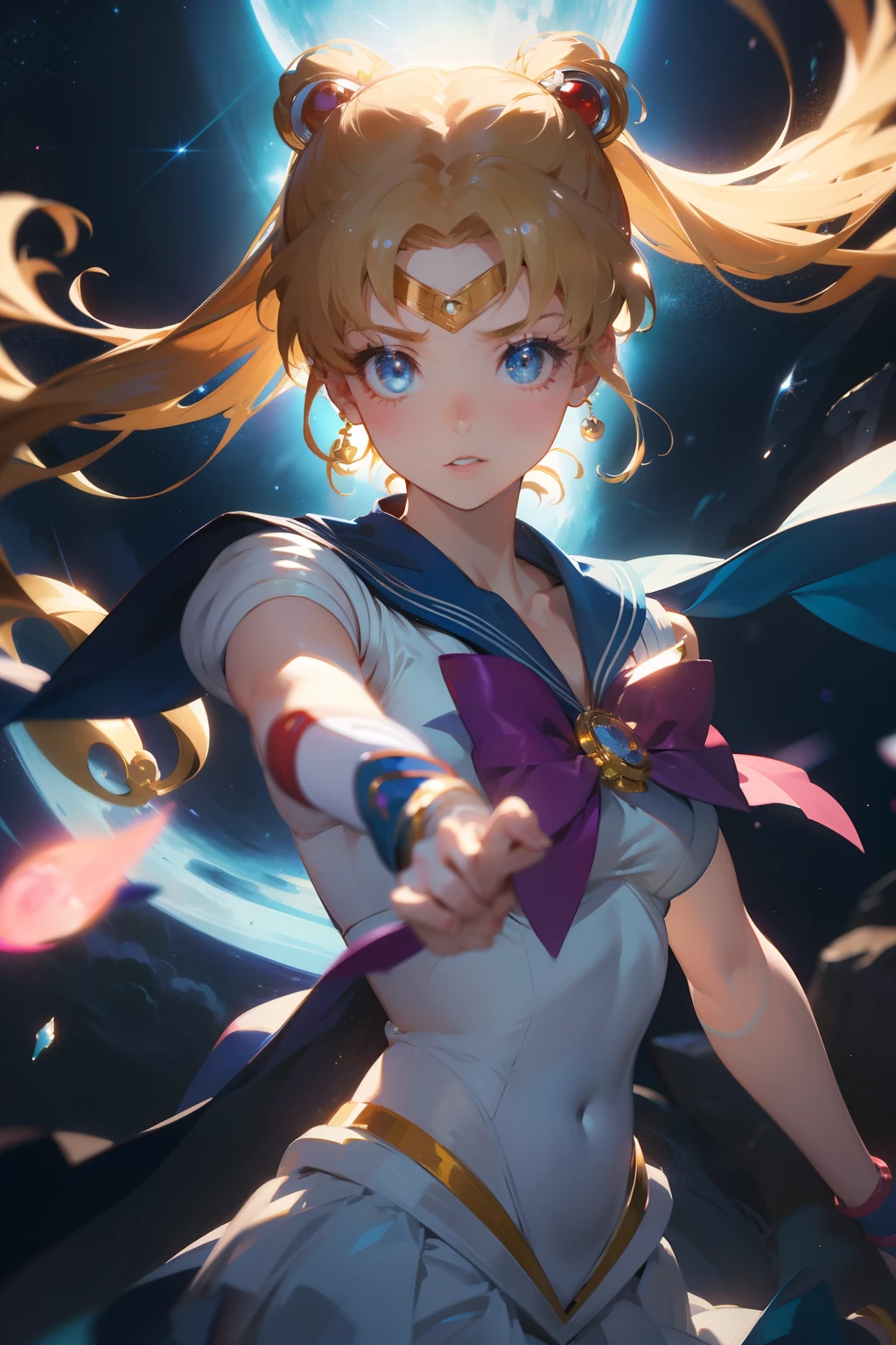 In the style of Stable Diffusion, create a mesmerizing and enchanting artwork inspired by "Sailor Moon", featuring the iconic characters in a dynamic pose. Emphasize their unique hairstyles, vibrant costumes, and expressive eyes. Surround them with a celestial background, capturing the magical essence of the Sailor Moon universe.