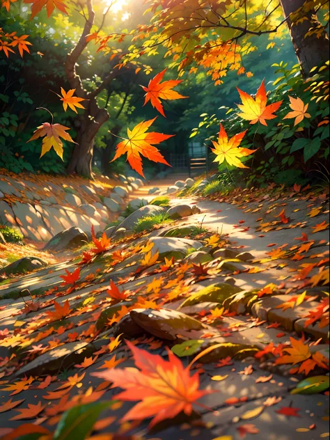 (best quality,ultra-detailed,photorealistic),image of a maple leaf hold by a bird, soft sunlight through the trees,falling leave...