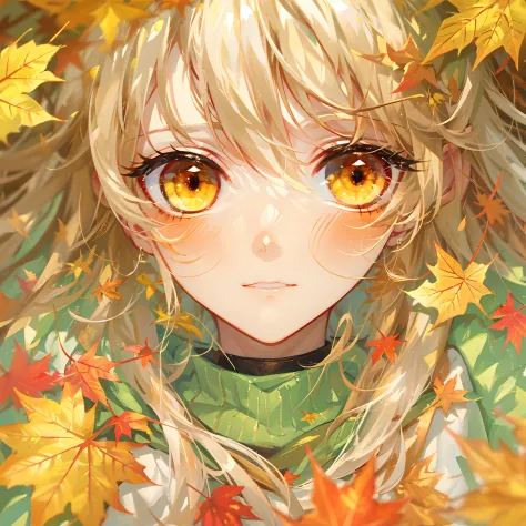 autumn leaf, maple leaf, close shot on an anime eyes, super detail eyes, yellow orange eyes, shiny eyes,