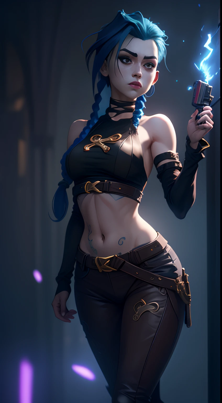 Jinx's character design, Dynamic movements, bare breast, covers the chest with his hands, Swollen ,  butt, kitty, sexypose, Beautiful figure, Arcane's Jinx, Bright blue and purple sparks all around, glowing eyes, Pink glowing eyes, hairlong, hairsh, braided into long braids, Pigtails hang below the knee, Hair color changes from bright blue to navy blue, Dressed in brown breeches, Leather boots on the feet, Top with four gold circles on the chest in the middle of the chest, Blue cloud tattoos on shoulders and waist, Long bangs, hanging on the right side, Belt with cartridges on the belt, Arcane style, extremely detailed CG unity 8k wallpaper, detailed light, Cinematic lighting, chromatic aberration, glittering, expressionless, epic composition, dark in the background, Cherecter Desing, Very detailed, Detailed body, Vibrants, Detailed Face, sharp-focus, anime art, Vibrants, Detailed Face, Hugh Details, sharp-focus, Very drooping face, A detailed eye, super fine illustration, better shadow, finely detail, Beautiful detailed glow, Beautiful detailed, Extremely detailed, expressionless, epic composition,