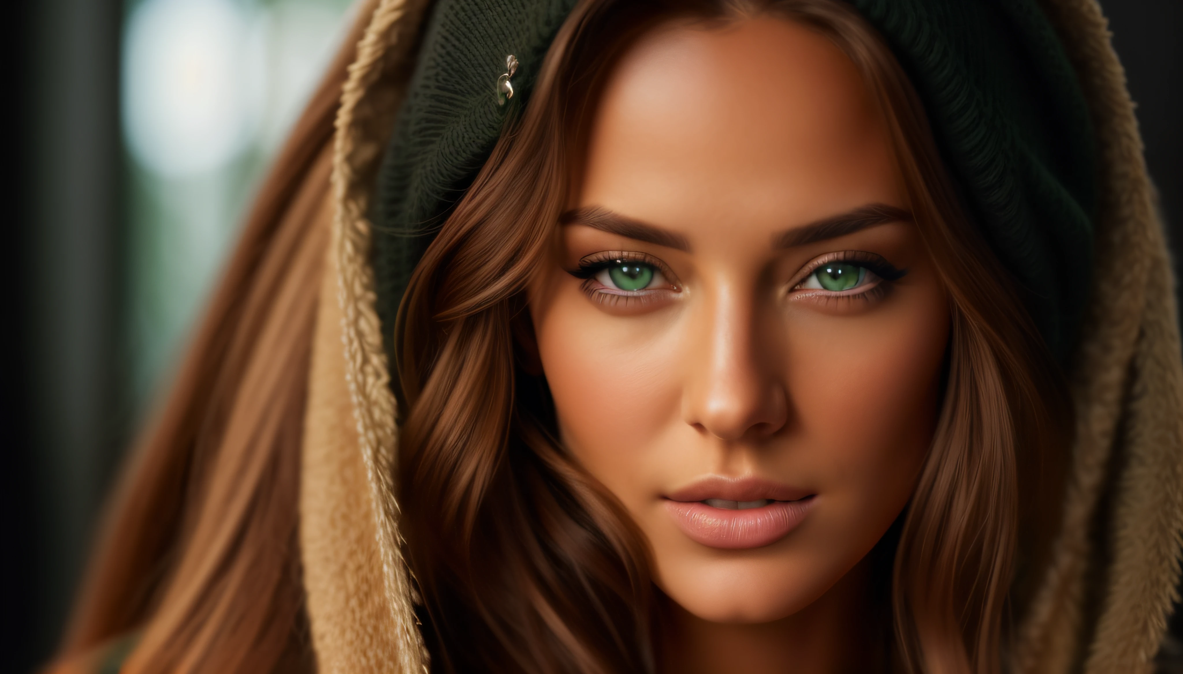 a close up of a woman with a hood over her head, sexy girl with green eyes, ultra realistic digital painting, with stunning green eyes, tanned beauty portrait, beautiful and realistic faces, extremely beautiful face, photorealistic beautiful face, perfect face ), ultra beautiful face, photorealistic digital painting, ultrarealistic digital art, karol bak uhd, beautiful realistic face