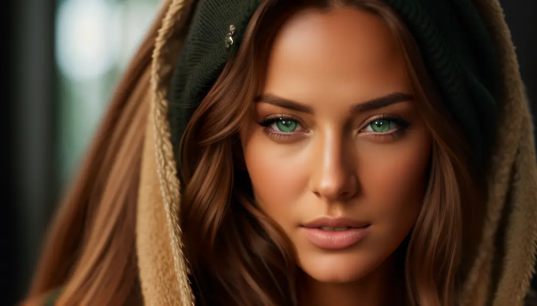 a close up of a woman with a hood over her head, sexy girl with green eyes, ultra realistic digital painting, with stunning gree...