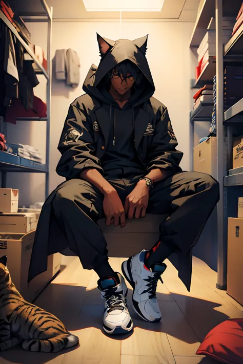 (medium shot:1.5), 1boy,(man) anime art, sitting, four leg clamp, baggy overcoat, cat-hood, air jordans.