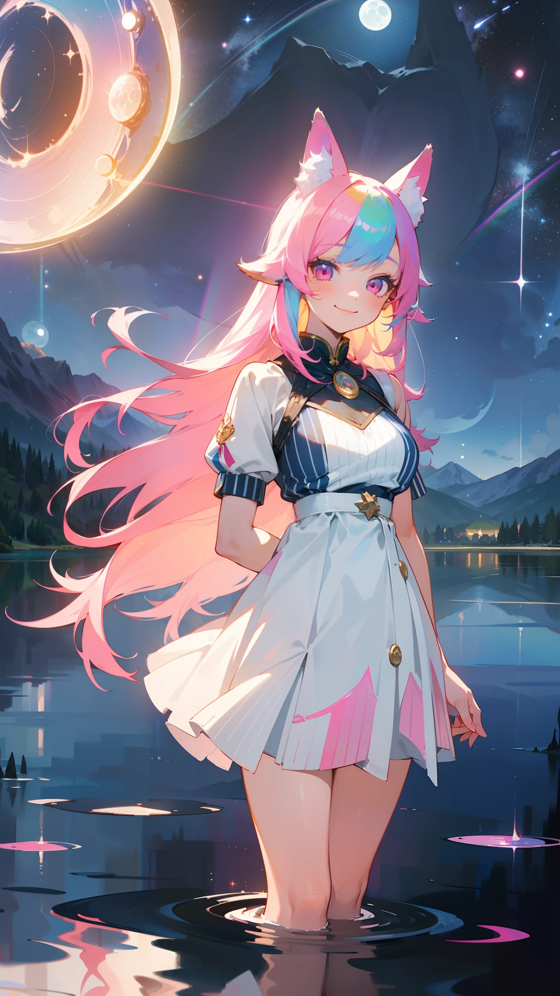 1girl ,20s,happy face,smile,white short dress,medium tits,rainbow hair,long hair,pink eyes,fox ears,((standing,mountain,lake,moonlight reflected in water, in the starry night,)),cowboy shot,