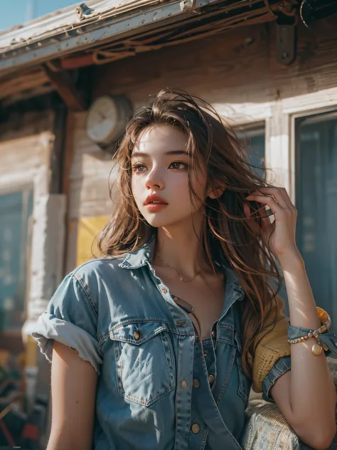 (RAW photo, 4k, masterpiece, high resolution, extremely complex) (realistic: 1.4), cinematic lighting 1 girl, single focus, summer noon, hot, 1990s \ (style), denim lens, interior