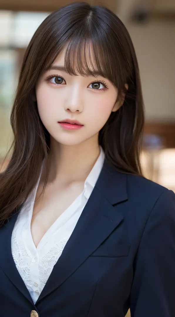 masutepiece, Best Quality, Illustration, Ultra-detailed, finely detail, hight resolution, 8K Wallpaper, Perfect dynamic composition, Beautiful detailed eyes,  Natural Lip,Blazer ,School uniform, cleavage, Full body