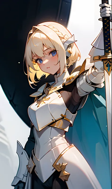 20-year-old girl wearing white paladin armor along with a white helmet with only her blonde hair going through the helmet on her back, medium body, big chest while holding a huge white sword