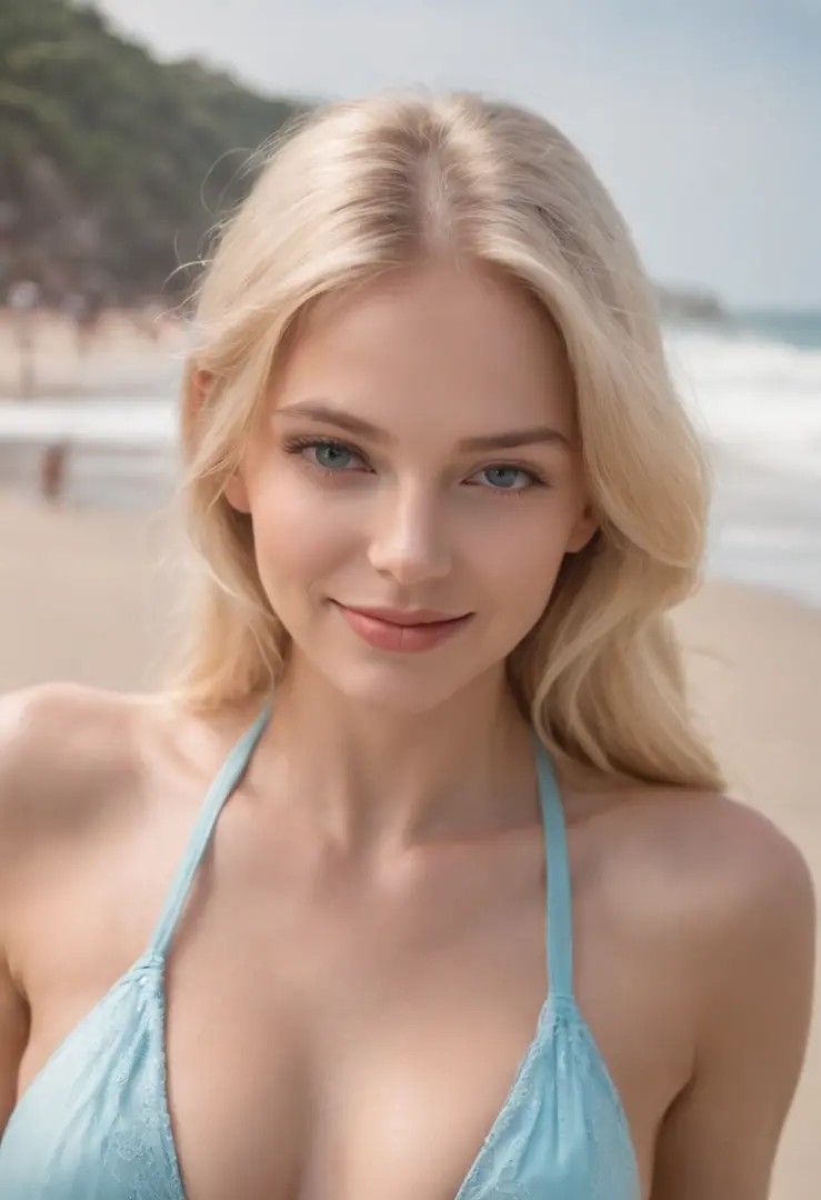 A pretty sexy blonde hair woman with pretty pale blue bikini and nice body at the beach sea looking hot at the camera with a very cute smile