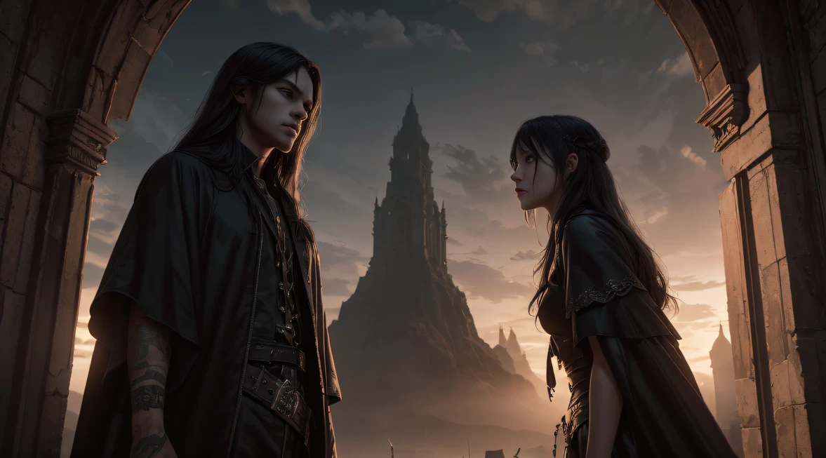 (Extremely detailed Cg Unity 8K wallpaper,Masterpiece, Best quality, Ultra-detailed),(Best illumination, Best shadow, An extremely delicate and beautiful),Floating,High saturation,Black eyes:1.2,Gloomy Gothic landscape, Long hair, Gaze into the distance.Fight to the death