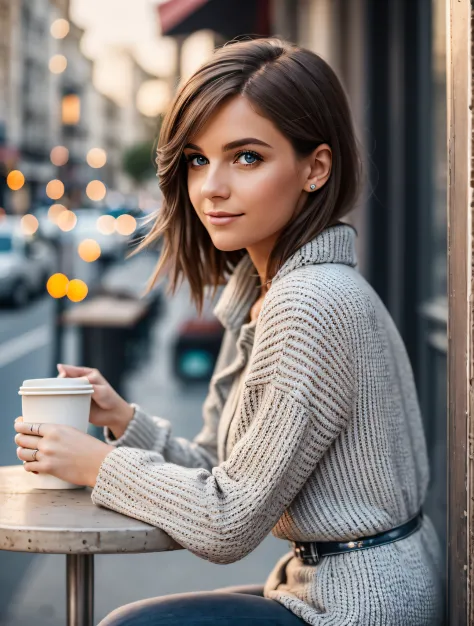 Gorgeous French female sitting and having coffee outside on the side of the street at a little cafe, beautiful face, short black...