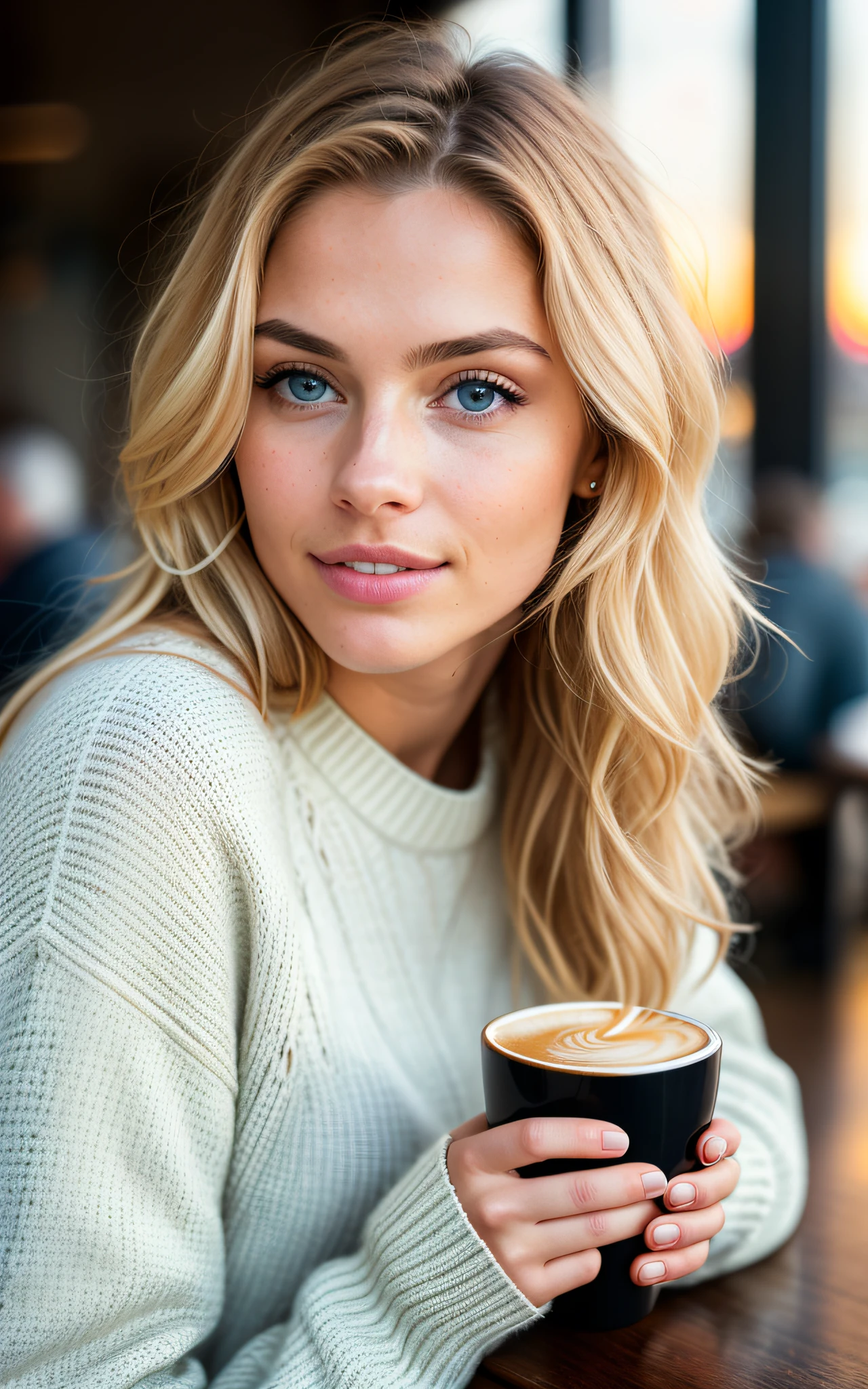 cute beautiful blonde wearing yellow sweater (drinking coffee inside a modern cafe at sunset), very detailed, 21 years old, inoccent face, natural wave hair, blue eyes, high-res, masterpiece, best quality,intricate details, highly detailed,sharp focus, detailed skin,realistic skin texture,texture, detailed eyes, professional, 4k, charmer smile, shot on Canon, 85mm,shallow depth of field,kodak vision color, perfect fit body, extremely detailed, photo_\(ultra\), photorealistic, realistic, post-processing, max detail, roughness, real life, ultra realistic, photorealism, photography, 8k uhd, photography