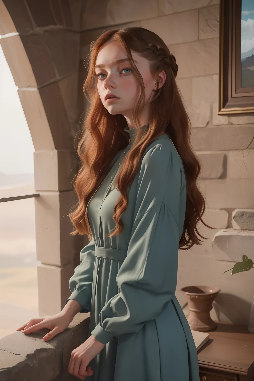 Jahr: 2023. Standort: Schottland. Pre-Raphaelite scene with a 18-Jahr-old Kristine Froseth, in einem luxuriösen Zimmer mit Steinwänden, ein modernes Kleid tragen, ((wütender Blick)), Wegschauen, ((((Kleidung aus den 2020er Jahren)))) ((Frisur der 2020er Jahre)), Pastellfarben, (((filmischer Stil)))