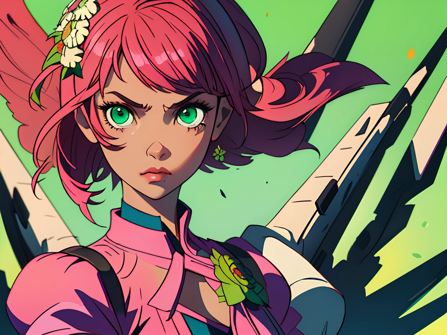 (master part, best qualityer) Alisa pretty face, detailed green eyes , furled brow, eyes looking down, elegant and detailed clothes , puffy lips ,Short Pink Hair Flower Accessories, (best details) ( best qualityer) Amazing, dramatic scenery, tekken Alisa pretty face, Symmetrical perfect green eyes, multicolor pink short hair, mechanical wings, tekken