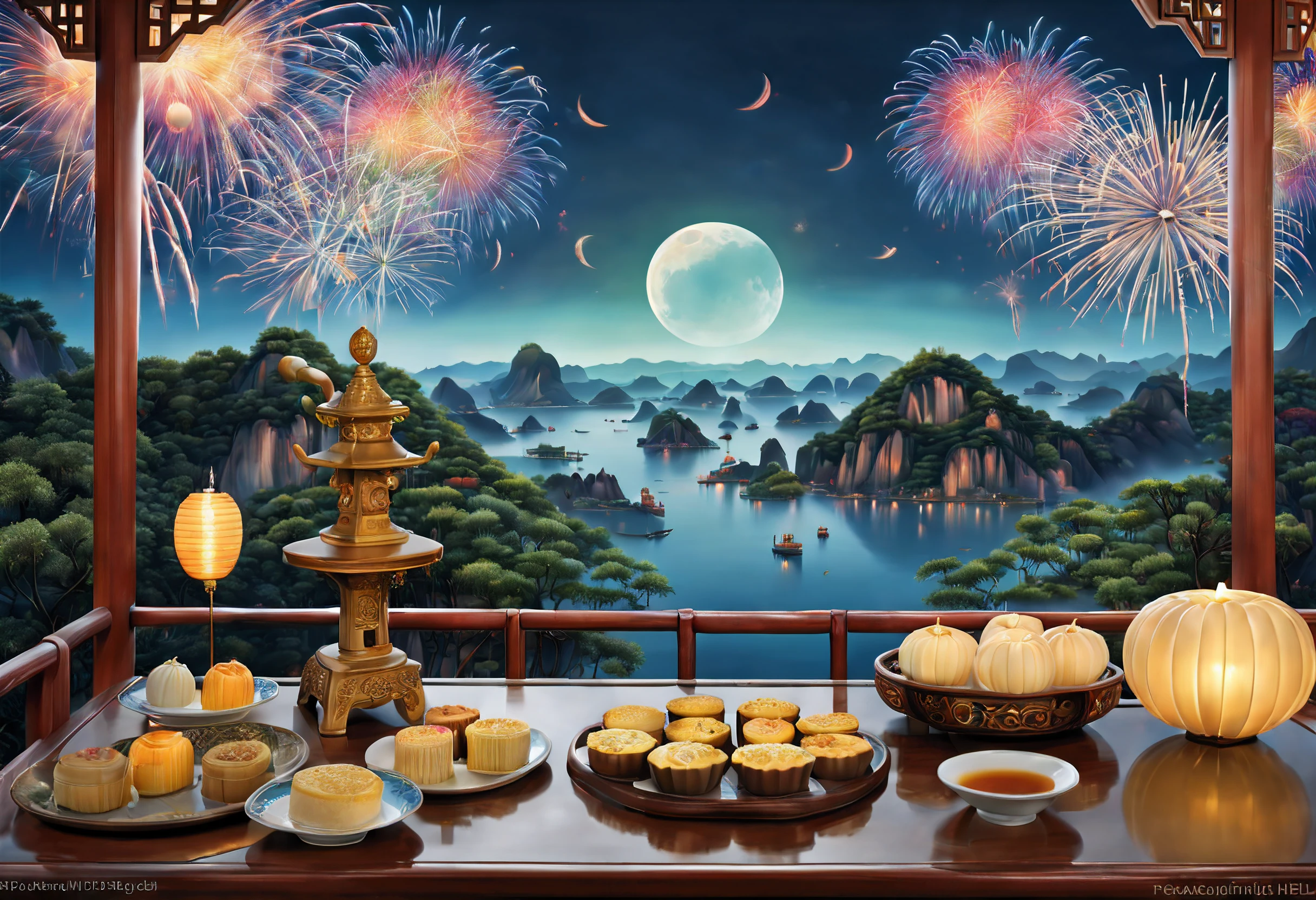 ((Ancient Chinese landscapes，in a panoramic view，Faraway view))，(photorealestic，realisticlying，tmasterpiece，anatomy correct，Accurate and perfect Korean girl face，1.4x realism，hyper HD)，Mid-Autumn Festival，moon full，Glowing moon，A garden overgrown with osmanthus and bamboo forests，1 family sitting together，The kids had a great time，There was wine on the table in front of him、Tea and mooncakes，nigh sky，Fireworks explosions，starlights，blue backdrop，palaces，sparkler，(A complete painting），（Extremely detailed picture），（light and shadow effect），（Movie lighting），（cinema4d），（Light particle tracing），（rendering by octane），（Layered artistic effects），（Best Painting），（Master painting）,(8K分辨率)，，（The is very detailed，reasonable design，Clear lines，High- sharpness，best qualtiy，offcial art）