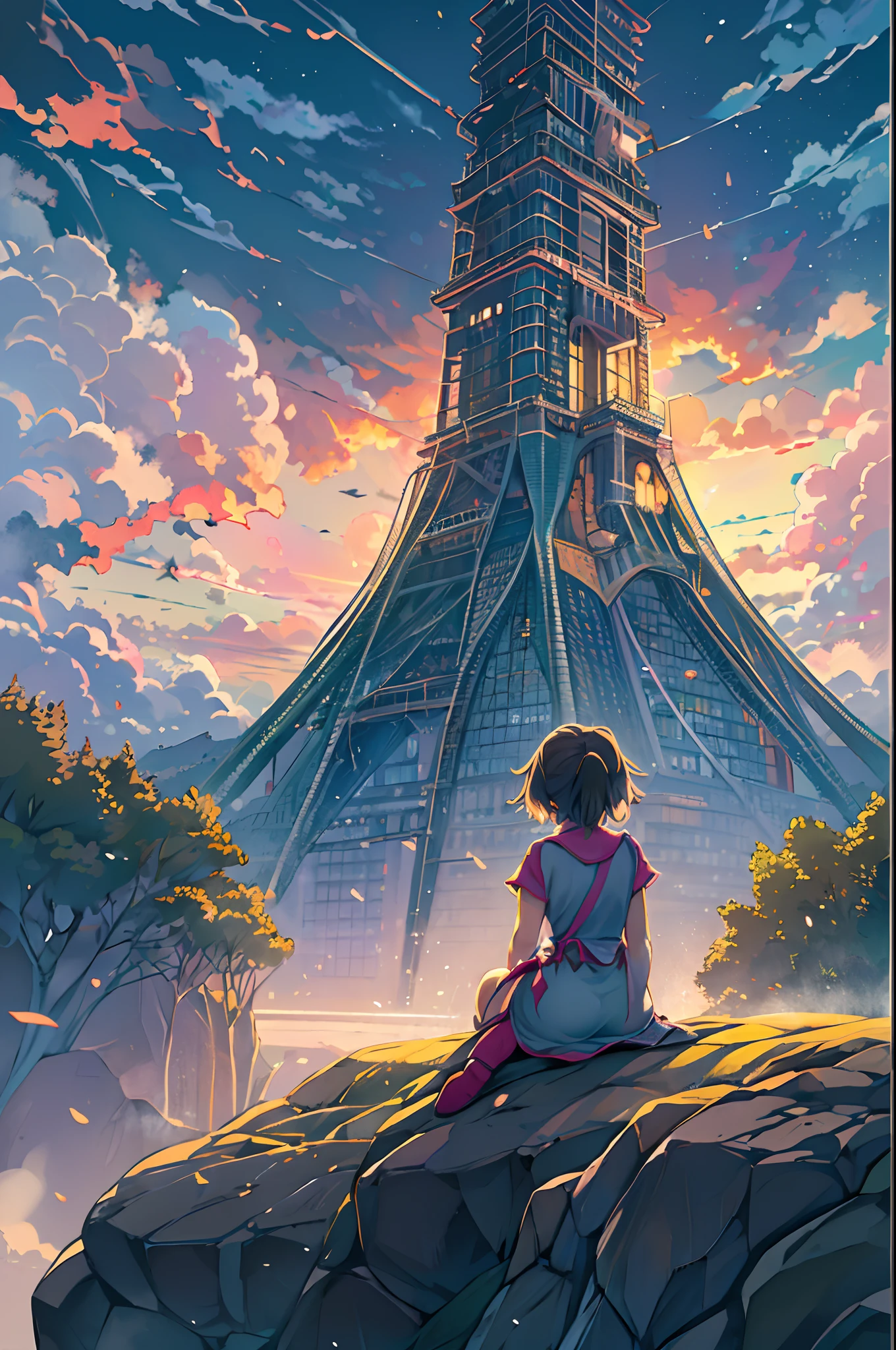 anime girl sitting on a rock looking at the sky,a sky piercing tower far far away, makoto shinkai cyril rolando, anime art wallpaper 4k, anime art wallpaper 4k, cyril rolando and goro fujita, Anime art wallpaper 8k, 4k anime wallpaper, anime wallpaper 4 k, anime wallpaper 4k, ( ( By Shinkai Makoto ) ), By Shinkai Makoto!