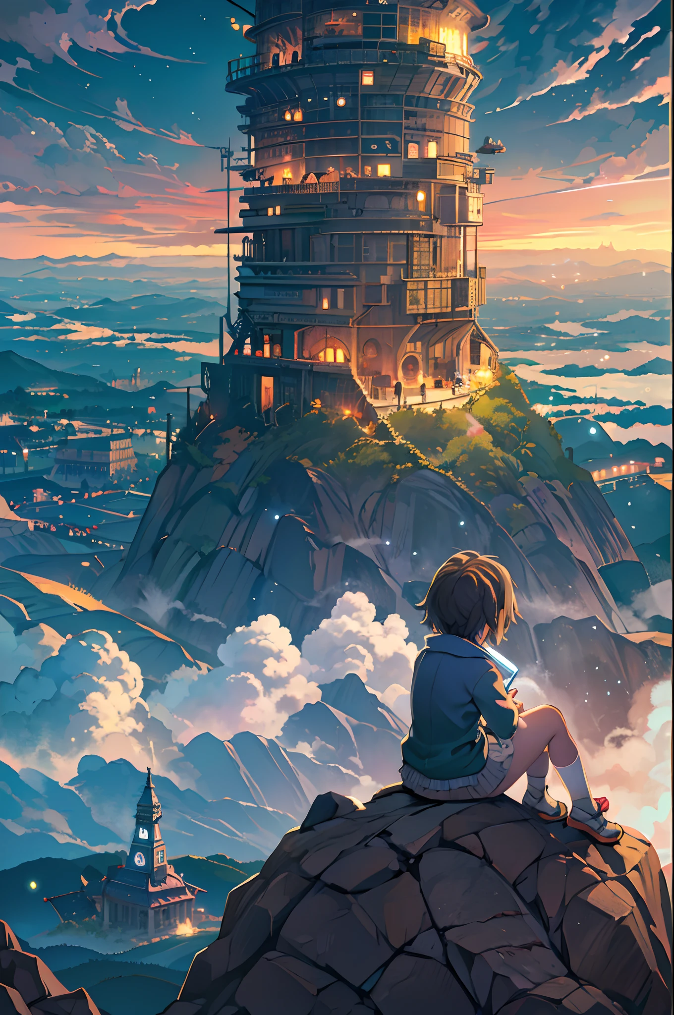 anime girl sitting on a rock looking at the sky,a sky piercing tower far far away, makoto shinkai cyril rolando, anime art wallpaper 4k, anime art wallpaper 4k, cyril rolando and goro fujita, Anime art wallpaper 8k, 4k anime wallpaper, anime wallpaper 4 k, anime wallpaper 4k, ( ( By Shinkai Makoto ) ), By Shinkai Makoto!