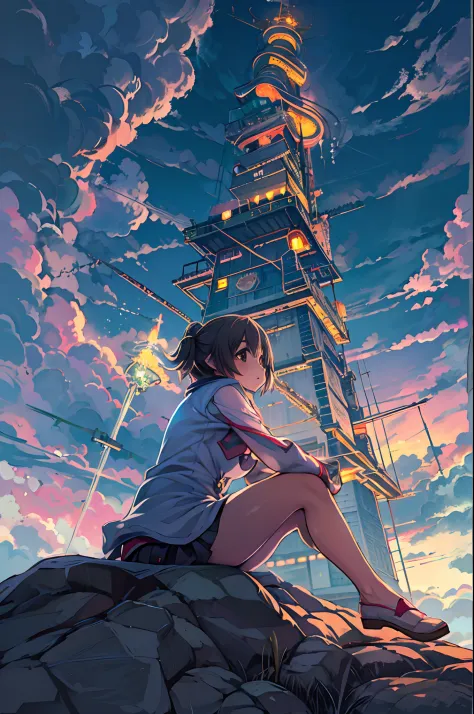 anime girl sitting on a rock looking at the sky,a sky piercing tower far far away, makoto shinkai cyril rolando, anime art wallp...