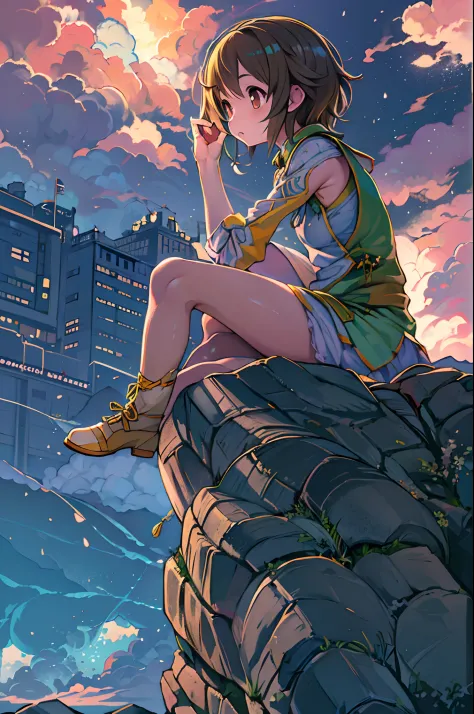 anime girl sitting on a rock looking at the sky,a sky piercing tower far far away, makoto shinkai cyril rolando, anime art wallp...
