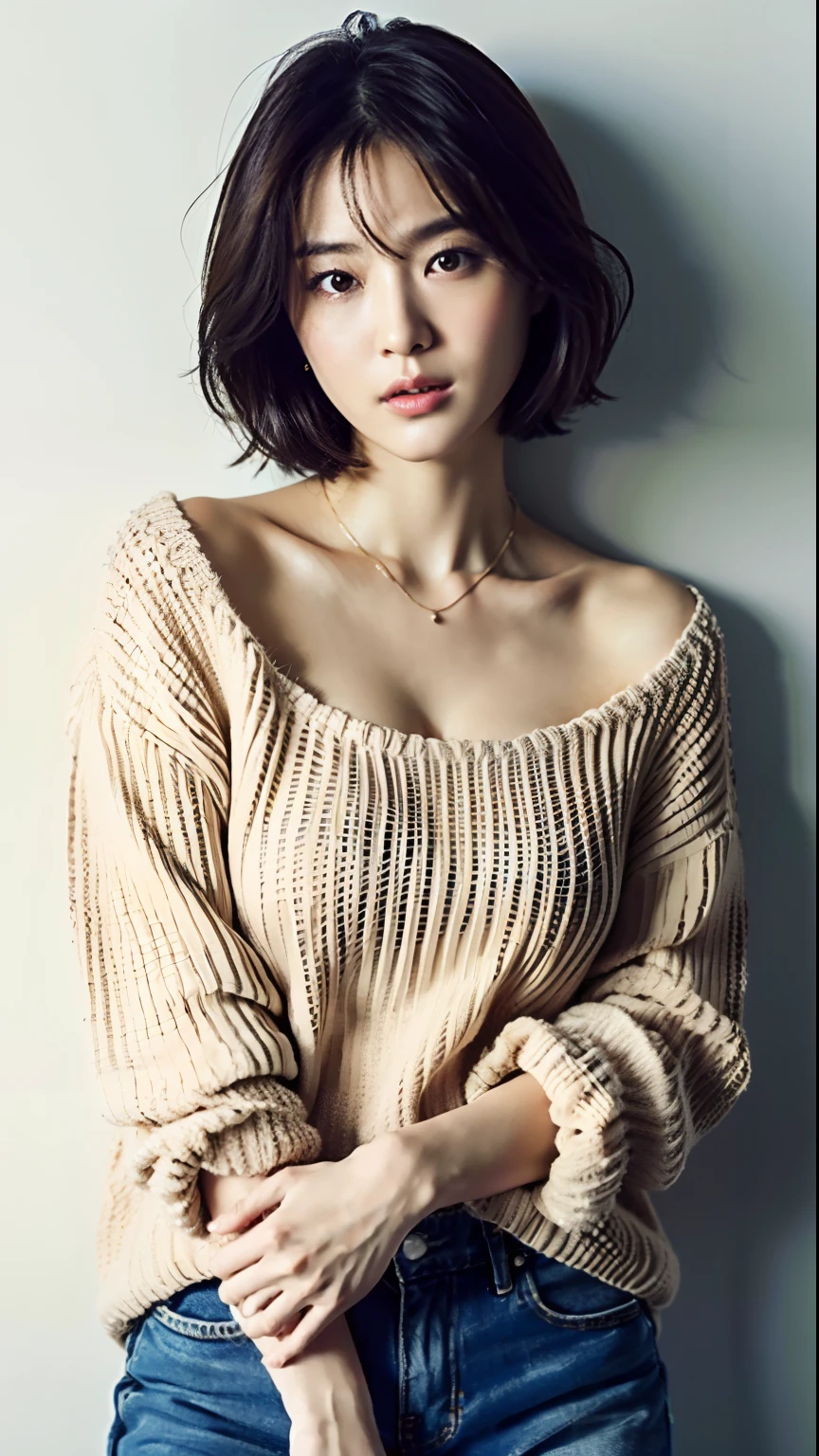 (top-quality、8k、32k、​masterpiece、UHD:1.2)、Photo of a cute Japanese woman、large full breasts、very short bobbed hair、Head to toe、sface focus、oversized_sweater、a necklace、simple background、From  above、looking at the viewers、denim pant、ultra-sexy、Beautiful Leg Line