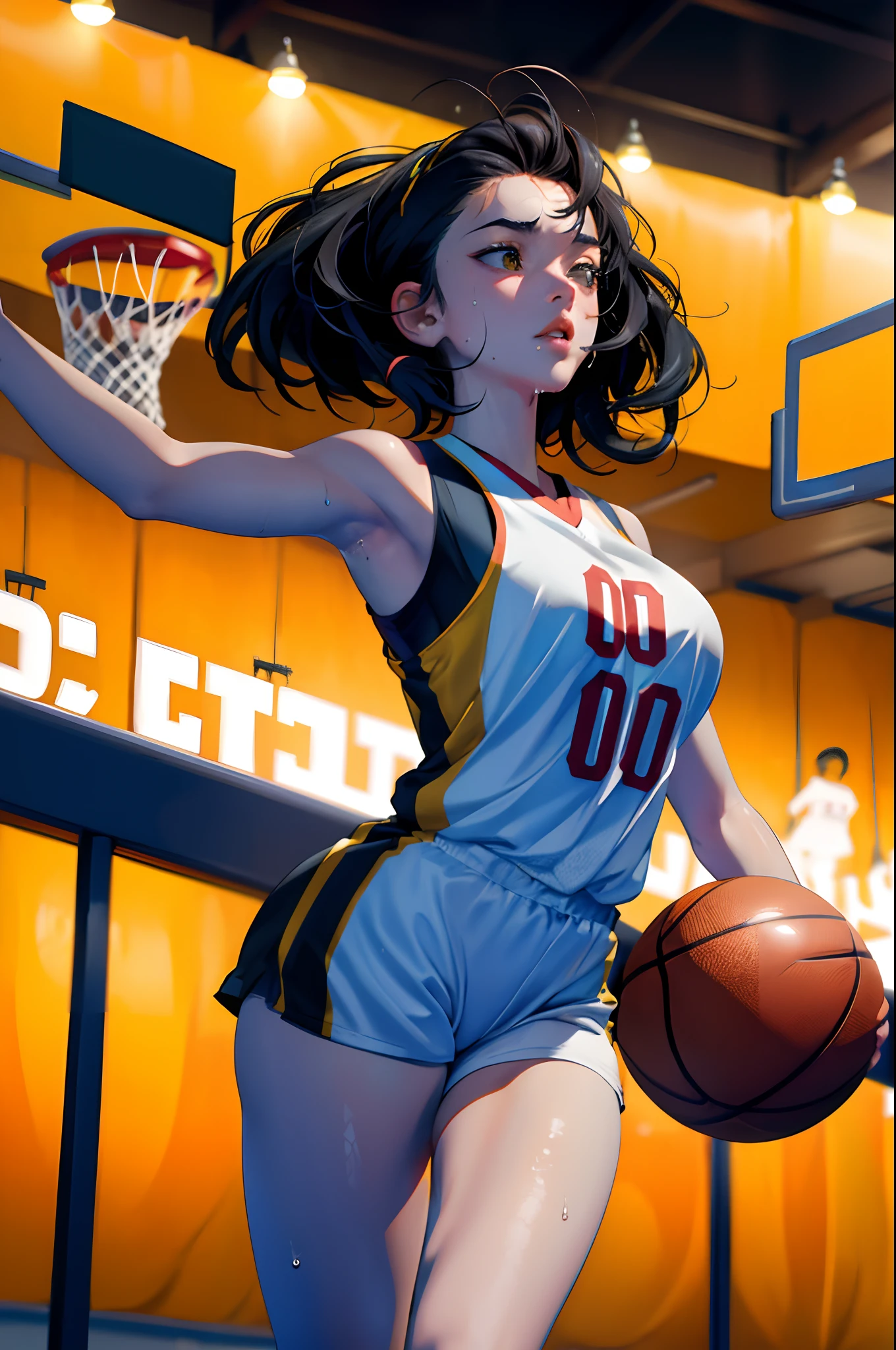 (Best Quality,8K,hight resolution,masuter piece:1.2),Ultra-detailed,Realistic:1.37,Portrait,Dynamic Angle,(Female basketball players) ,Teenage girl,small head,Cute,Sporty,Charming face,Detailed beauty face,Very realistic skin,Wet skin,Sweat,Large breasts,nice legs ,Sporty,Basketball Competition Venues　,Cinematic lighting,