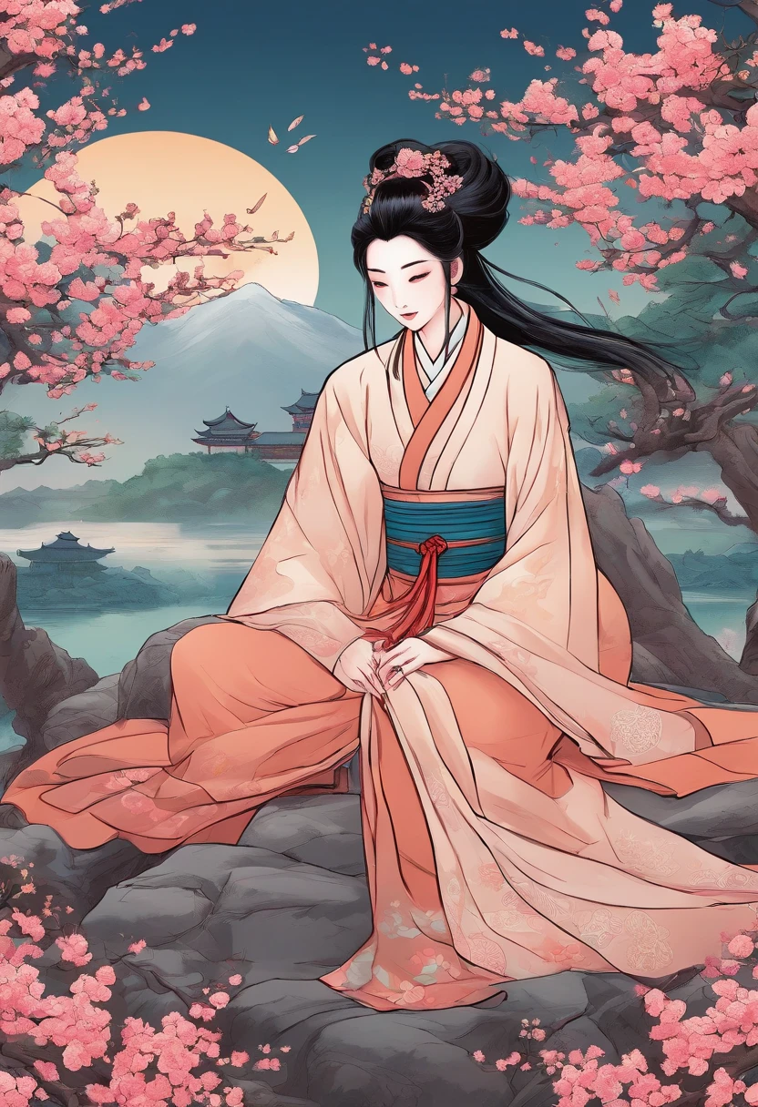 中國漫畫, 漫畫故事以多個不規則的顏色面板呈現. 中國女孩穿漢服, 跪在墳墓前, 在桃花盛開的季節. 款式誇張細節豐富,經典又悲傷