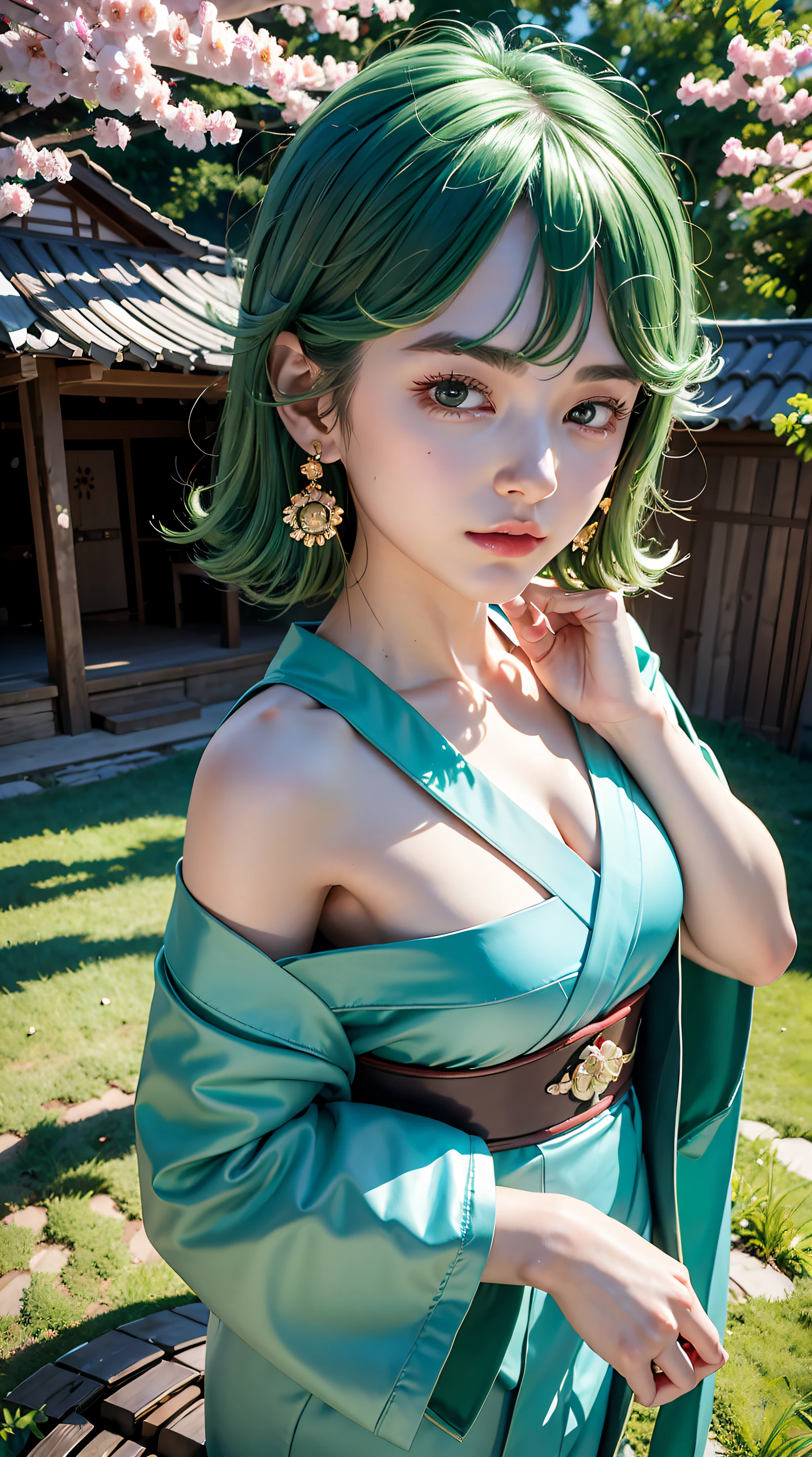 tatsumaki, green hair, hair in a bun, beautiful, beautiful woman, perfect body, perfect breasts, wearing a kimono, wearing earrings, wearing a watch, in the garden, cherry trees, traditional Japanese house, looking at the audience, a slight smile, realism, masterpiece, textured leather, super detailed, high detail, high quality, best quality, 1080p, 16k