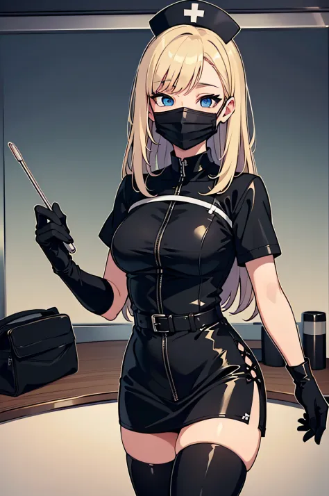 black nurse, 1woman, solo, black nurse cap, black wear, ((black legwear, zettai ryouiki)), black elbow gloves, blonde hair, blue...