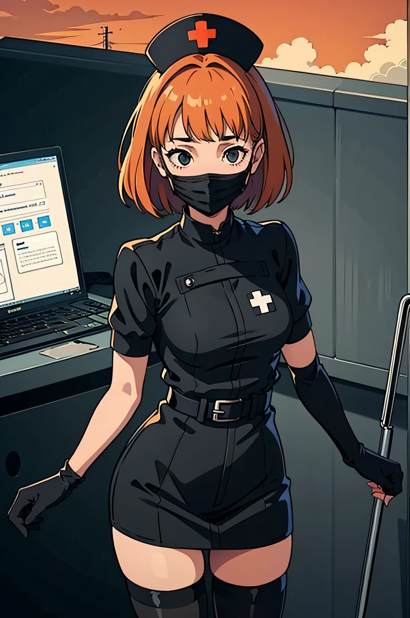 black nurse, 1girl, solo, black nurse cap, black wear, ((black legwear, zettai ryouiki)), black elbow gloves, very short hair, orange hair, ((black surgical mask, covered nose)), standing, ((surgery room)), sharp outline, short sleeves, tomboy, boyish, best quality, masterpiece