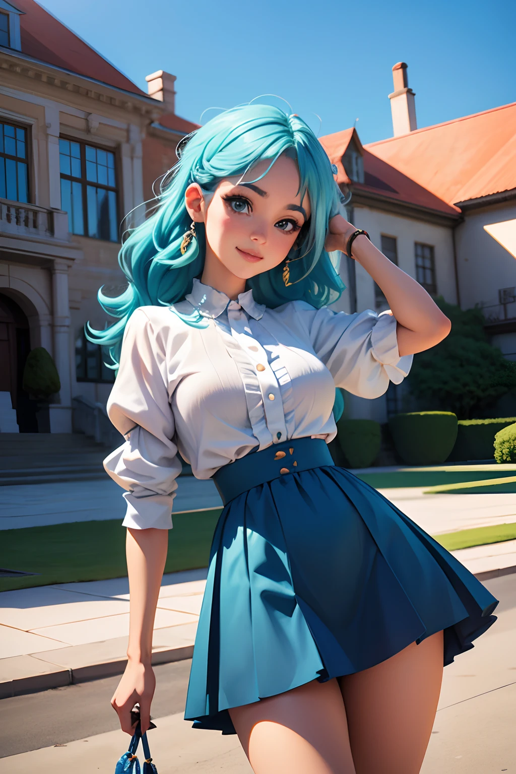 (extremely delicate and beautiful: 1.2), 1girl,  anime with long blue hair, blue eyes and eyebrows, in front of a large mansion, pose by extending one arm toward the mansion, smiling, trending on artstation pixiv, artgerm in artstation pixiv, Touwa Erio, Detailed fanart, better quality work, 16K