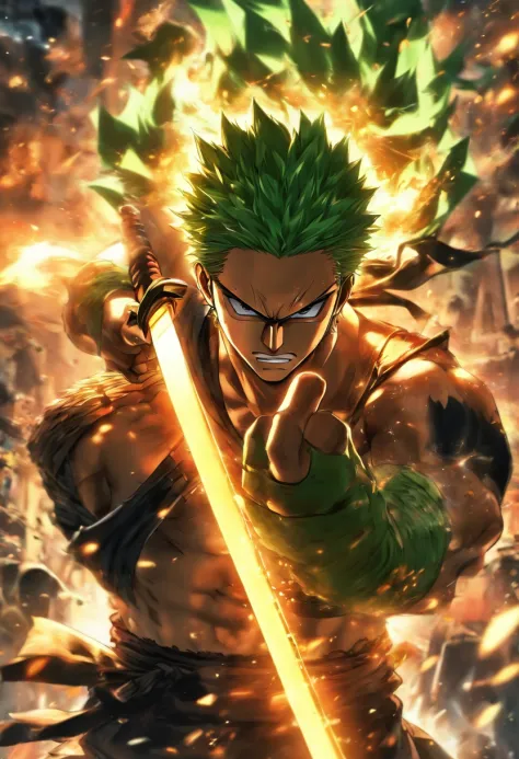 (best quality,highres,ultra-detailed,realistic:1.37),Zoro,sharp focus,dark background,vivid colors,anime style,katana,determined expression,dynamic pose,cool and confident,wind-blown hair,intense eyes,stripe bandana,strong and muscular body,tattoos,three s...