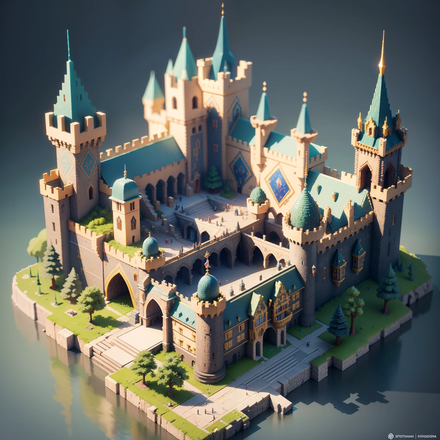 8BIT, isometry, Look down at 45°，（Isometric 3D art of pumice castle），Top-down fantasy, City of Dresden, roleplaying, alta fantasia, art  stations, concept-art, royal palace，Metal façade palace square, moss, Final Fantasy, Legend of Zelda, 8-bit video game art,