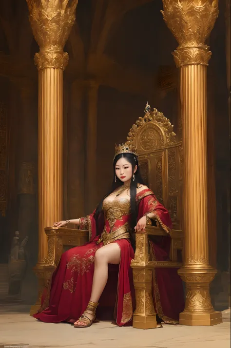 asian gitl,like a queen,sitting on the throne, big chested,4k,realistic,queen outfit