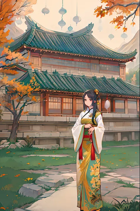 a beauty girl ,Wear gorgeous han clothes, Chinese-style building, landscape
