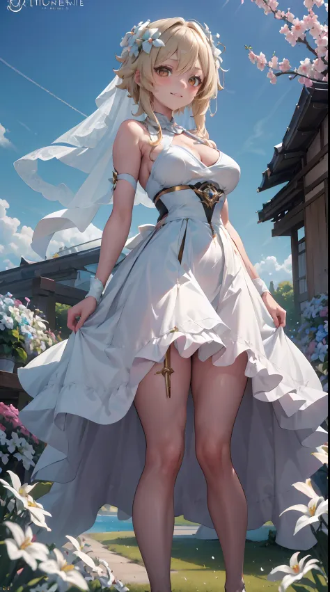 Lumine | genshin impact, master-piece, bestquality, 1girls,25 years old, proportional body, proportional., Wedding Dresses, White Wedding Dress, Long skirt, wedding, mediuml breasts, ,bara, Standing in the middle of a flower garden, outdoor, wedding, The s...