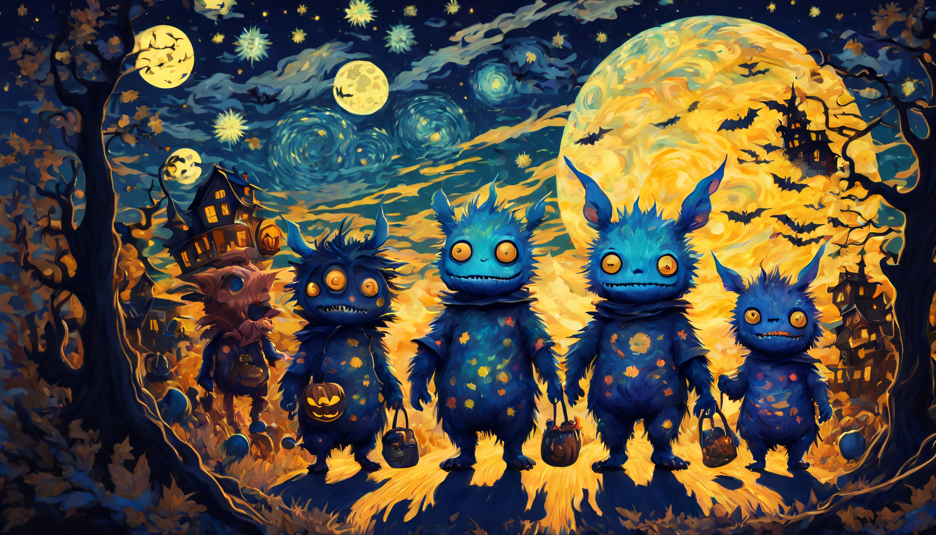 Monstros bebês fofos saindo para fazer doces ou travessuras no estilo Van Gogh, noite estrelada de Halloween no mundo do Studio Ghibli