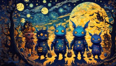 cute baby monsters going out to trick or treat in van gogh style starry halloween night in studio ghibli world