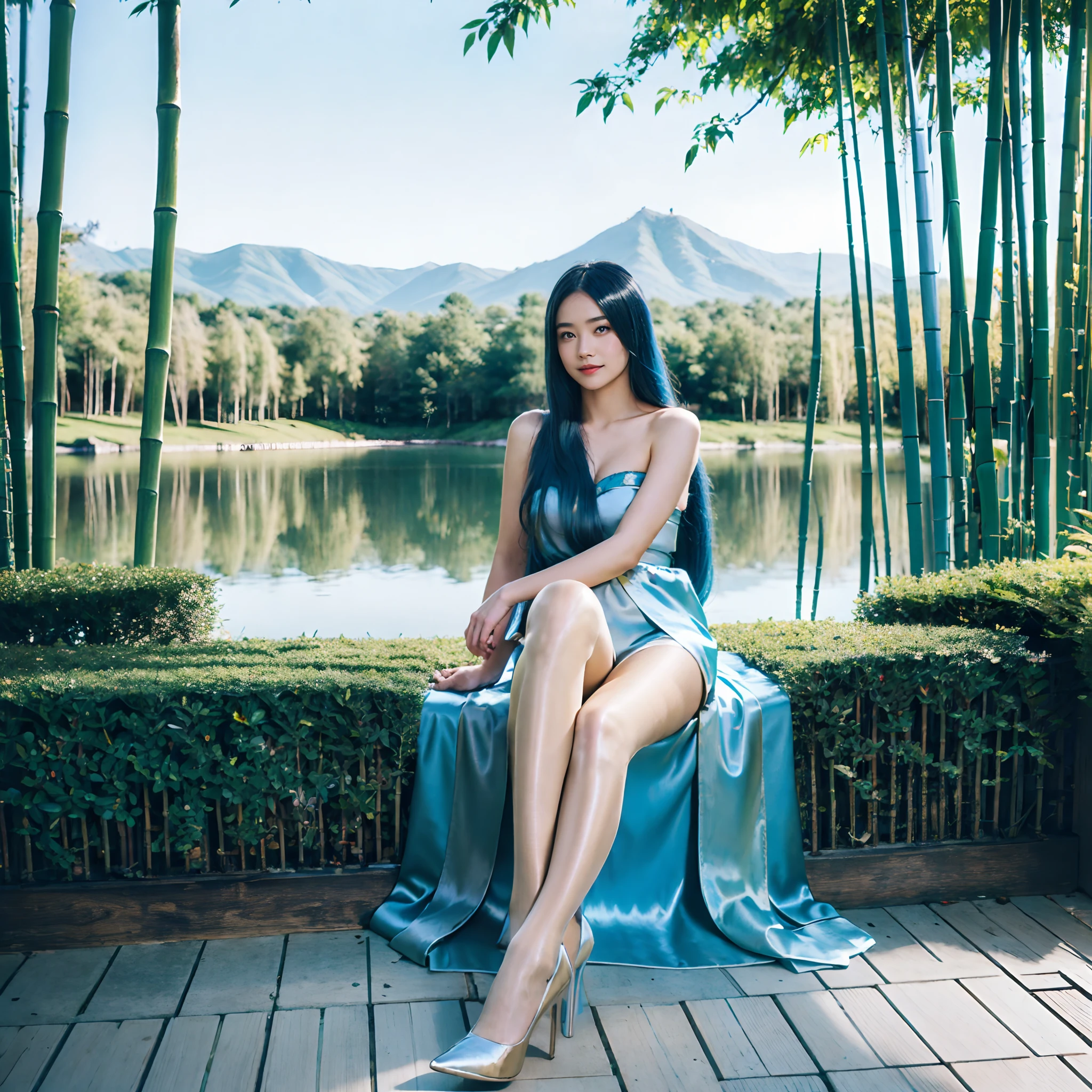 Masterpiece, Best quality, offcial art, 8K wallpaper, Very detailed, illustration, 1 girl, Sky blue hair, Long hair, Detailed eyes, Forrest gump, Bare shoulders, Hanfu, Lake, Pure, Soft smile, Bamboo, Tea，Flesh-colored pantyhose，high-heels