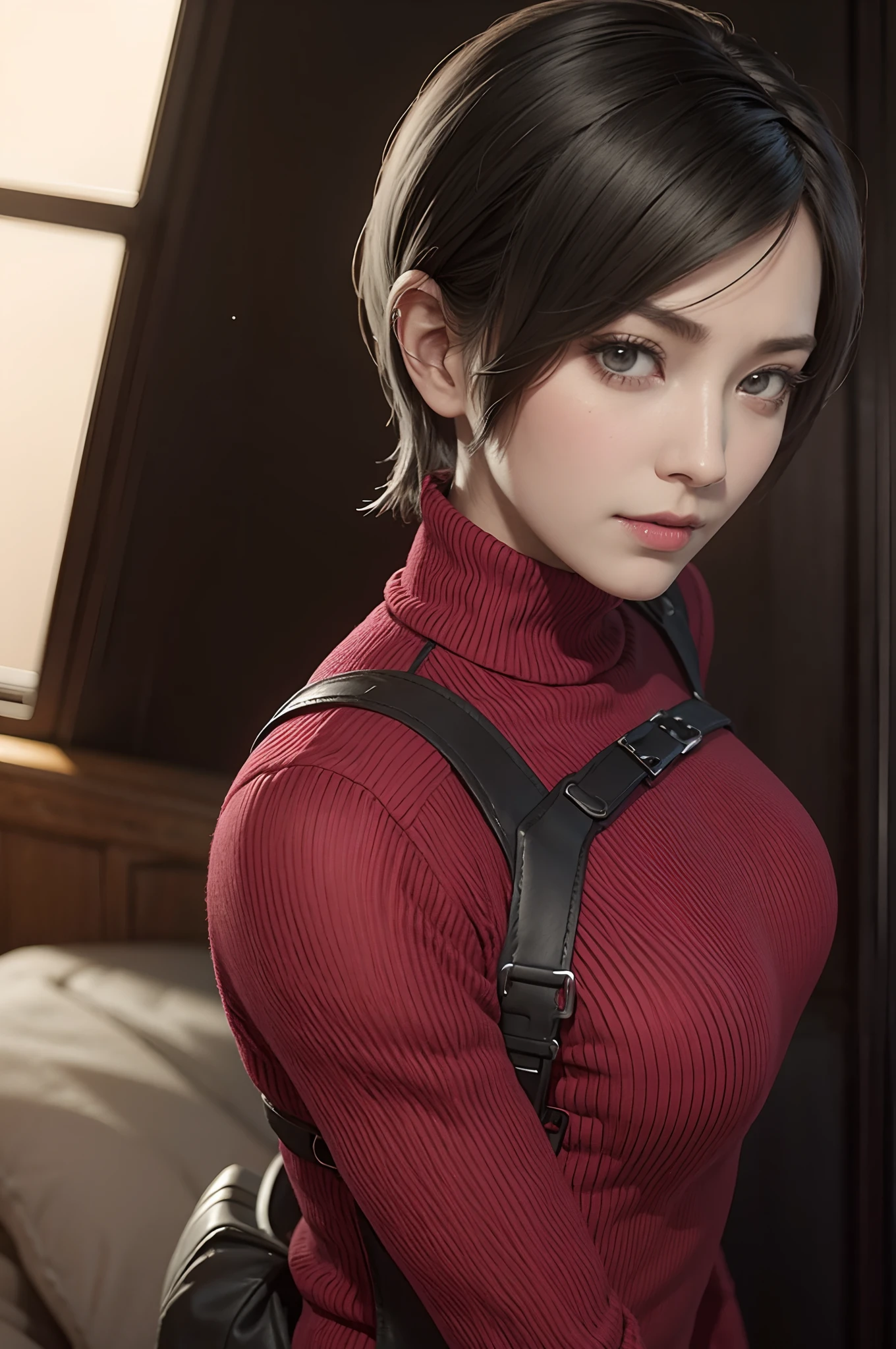 Resident evil,ada,Ada Wong,Red Sweater Dress、turtle neck、Rib Sweater、Harnes