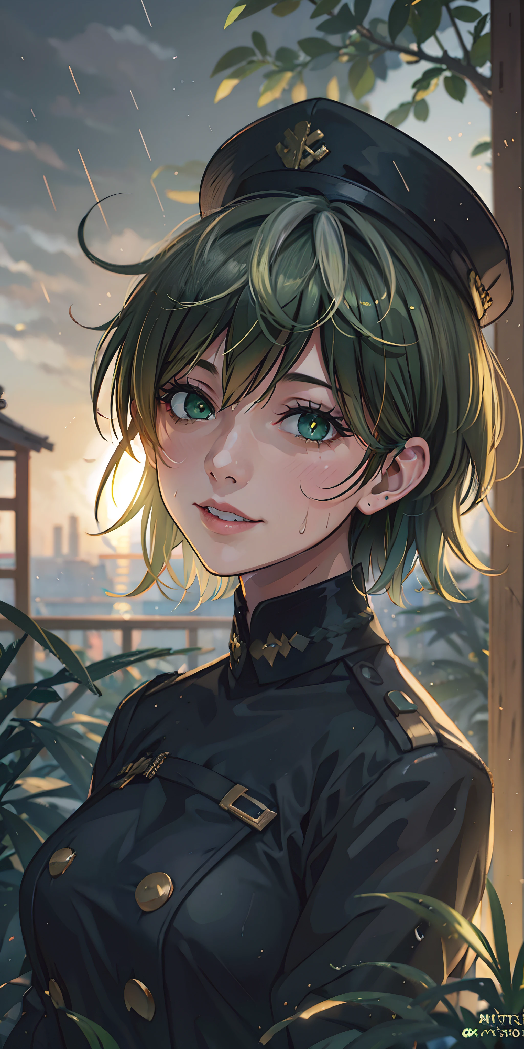 tenka izumo, (short hair, green hair:1.6), green eyes, multicolored hair, sweating, glowing eyes, heavy breathing, 1girl,rain, solo, looking_at_viewer, outdoors, cloud, lips, water_drop, blurry, sky, cloudy_sky, depth_of_field, upper_body, glow effects, godrays, Hand drawn, render, 8k, octane render, cinema 4d, blender, dark, atmospheric 4k ultra detailed, cinematic, Sharp focus, big depth of field, Masterpiece, colors, 3d octane render, 4k, concept art, trending on artstation, hyperrealistic, Vivid colors, extremely detailed CG unity 8k wallpaper, trending on CGSociety, Intricate, High Detail, dramatic, hat