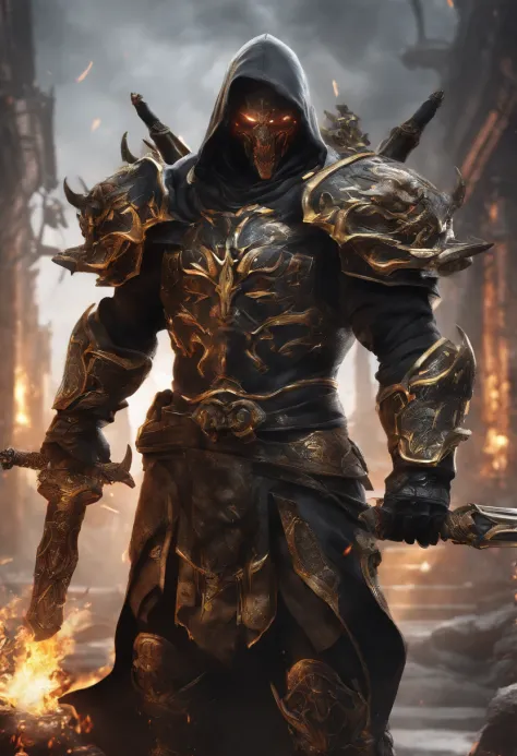 A large sword made of obsidian，Black and gold color scheme，The inside of the sword contains a roaring flame，Cracks appeared on the body, as if to tear the sword body apart，The sword body is full of flames，Magma rolling nearby，There is no human type，Only we...