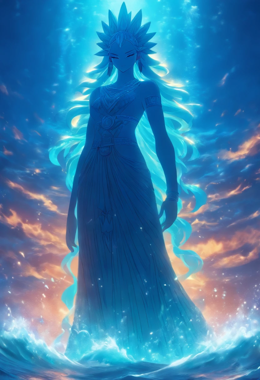 A woman in a long dress stands in the water with a light shining on her ...