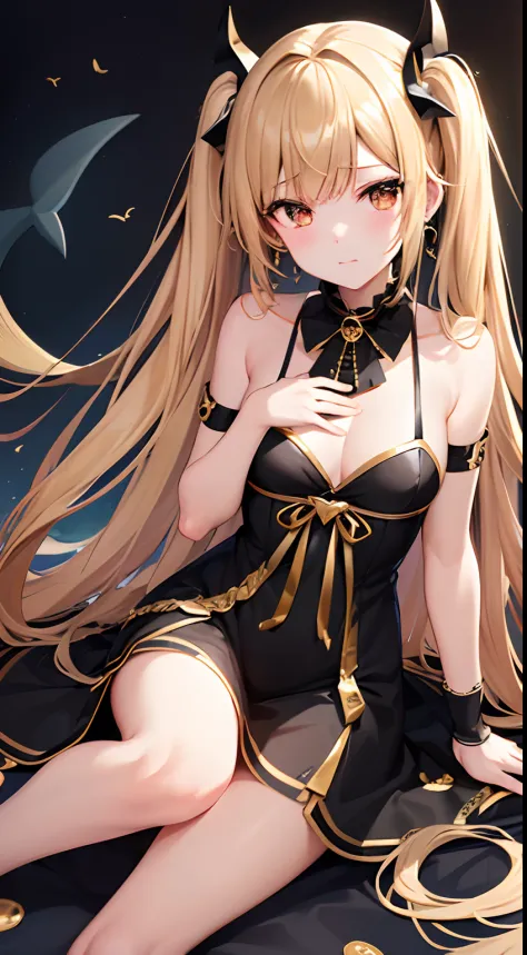 hight resolution、hightquality、ultra-detailliert、8k wallpaper、1人の女性、Beautiful fece、Shark earrings、Have shark decorations、Kamimei、Melancholy is in the air、Lovers feeling、Be loved、Familiarity、Lots of gold and black、Gold and black background