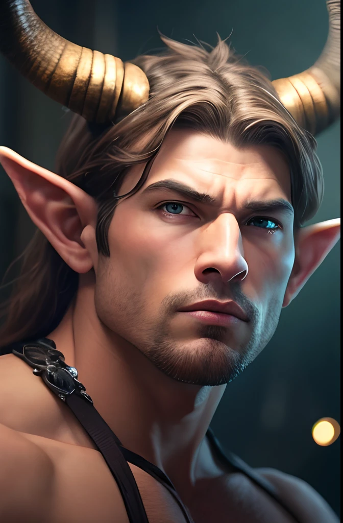 （Handsome minotaur boy：1.3）（Extremely detailed Cg Unity 8K wallpaper，Masterpiece， Best quality， Ultra-detailed， Beautiful detailed head expression：1.2，Oriental face），best illuminate， （best shadow， An extremely delicate and beautiful， full bloom）， Masterpiece， Best quality：1.1， Realistic：1.3， Cinematic lighting：1.2， In a dark cave：1.5， The ultra-realistice， Photorealistic：1.0， Sharp focus：1.1， Depth of field：1.1， 50 millimeters， Nathan Voss' style， Hasselblad x1d II，  elf