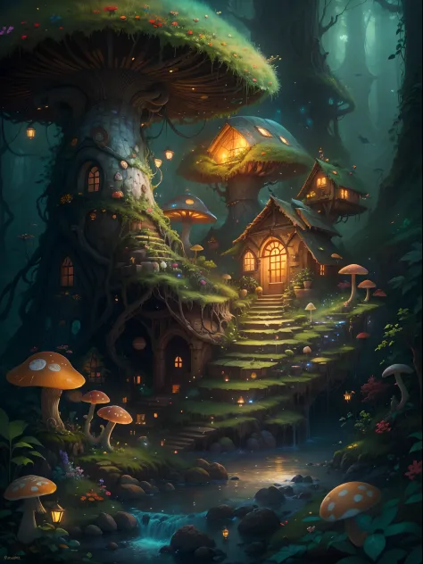 (best quality,highres,masterpiece:1.2),ultra-detailed,realistic, vibrant colors, enchanting, mystical, jungle, mushroom house, m...